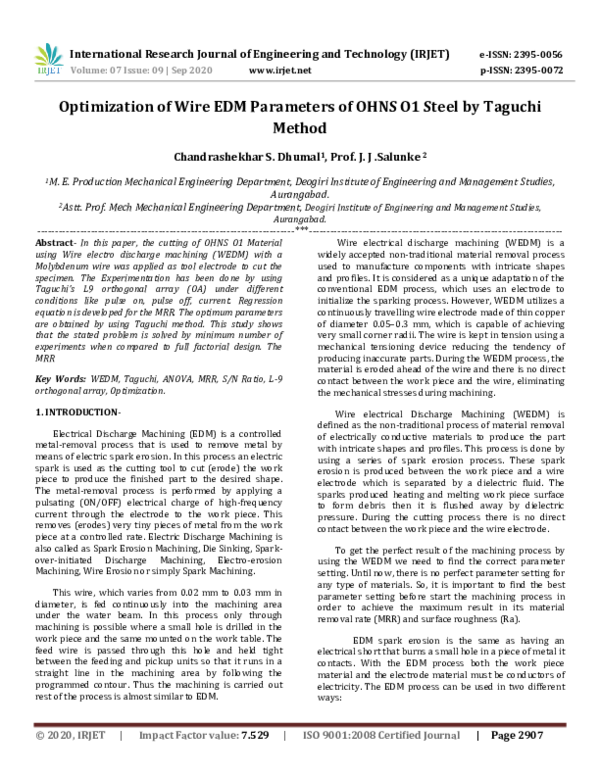 (PDF) IRJET Optimization of Wire EDM Parameters of OHNS O1 Steel by Taguchi Method IRJET