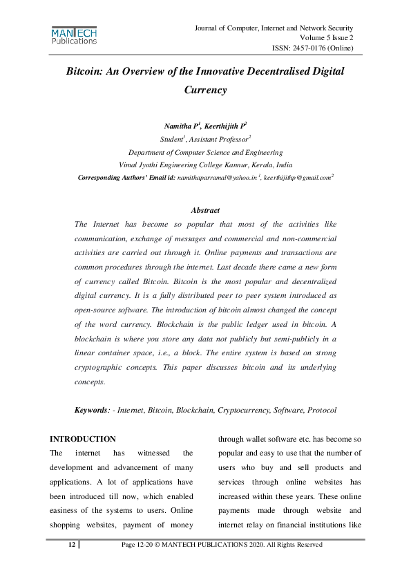 (PDF) Bitcoin: An Overview of the Innovative Decentralised Digital Currency