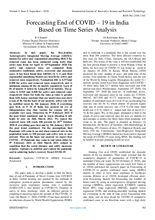 (PDF) Forecasting End of COVID – 19 in India Based on Time Series Analysis
