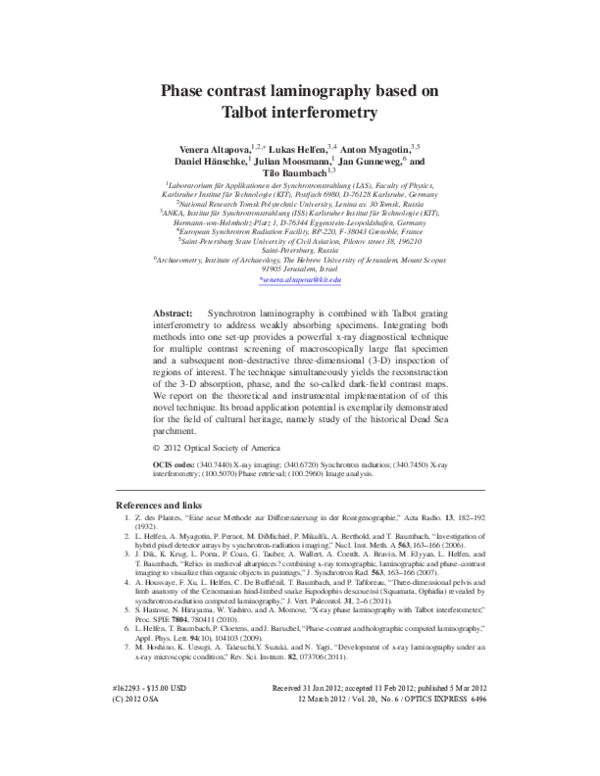 (PDF) Phase contrast laminography based on Talbot interferometry