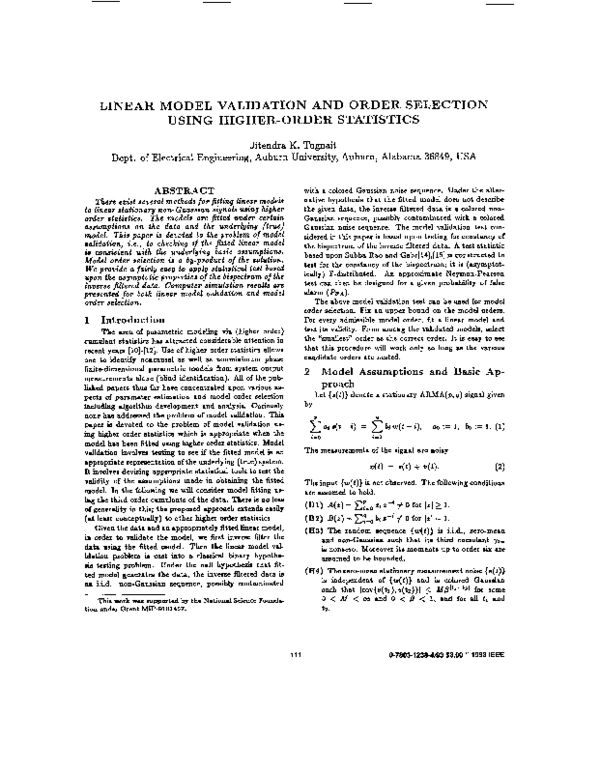 (PDF) LINEAR MODEL VALIDATION AND ORDER SELECTION USING HIGHER-ORDER ...