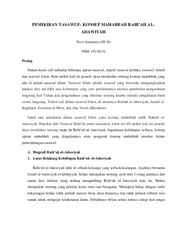 (PDF) PEMIKIRAN TASAWUF RABI AH AL ADAWIYAH Novi