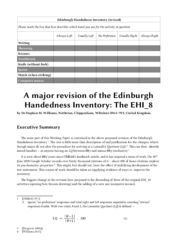 Pdf A Major Revision Of The Edinburgh Handedness Inventory The Ehi 8
