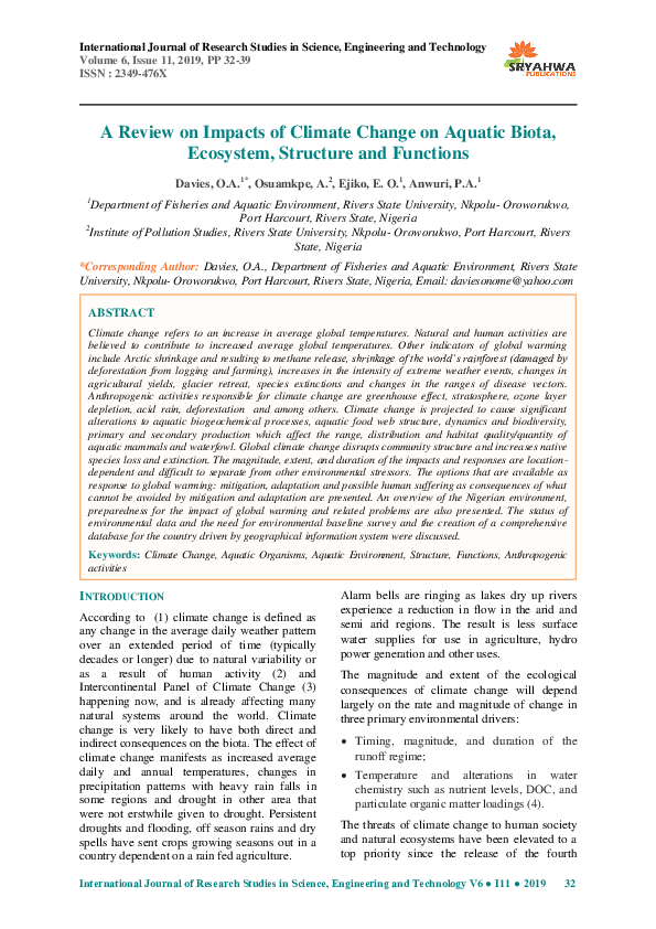 (PDF) A Review on Impacts of Climate Change on Aquatic Biota, Ecosystem ...