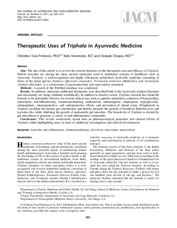 (PDF) Therapeutic Uses of Triphala in Ayurvedic Medicine Christine