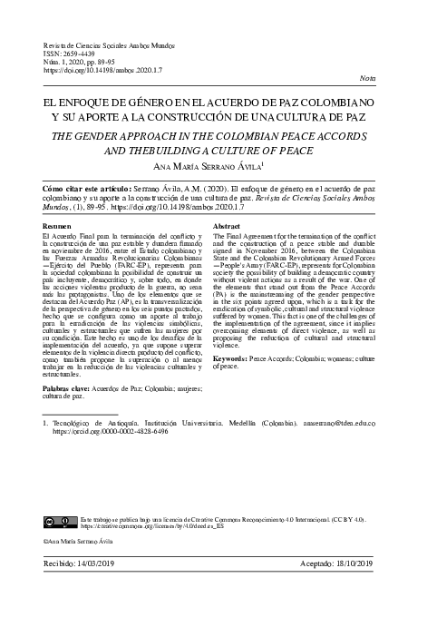 (PDF) EL ENFOQUE DE GÉNERO EN EL ACUERDO DE PAZ COLOMBIANO Y SU APORTE ...