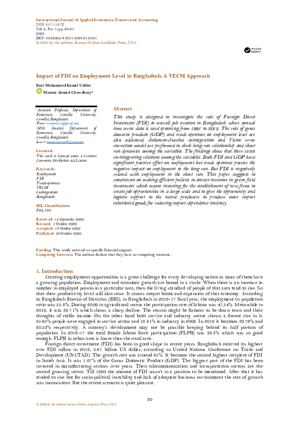 (PDF) Impact of FDI on Employment Level in Bangladesh: A VECM Approach