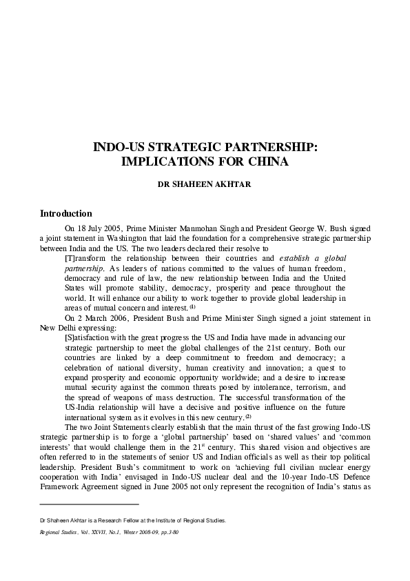 (PDF) INDO-US STRATEGIC PARTNERSHIP: IMPLICATIONS FOR CHINA