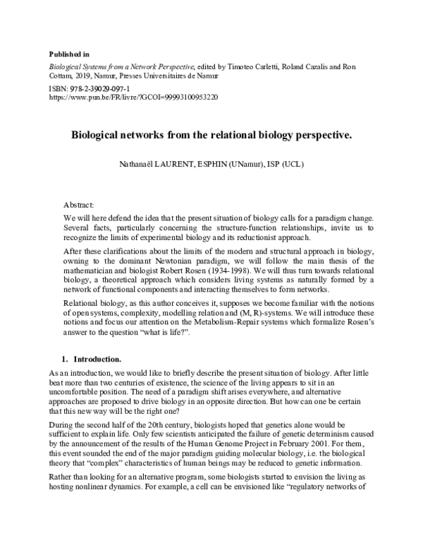 (PDF) Biological networks from the relational biology perspective