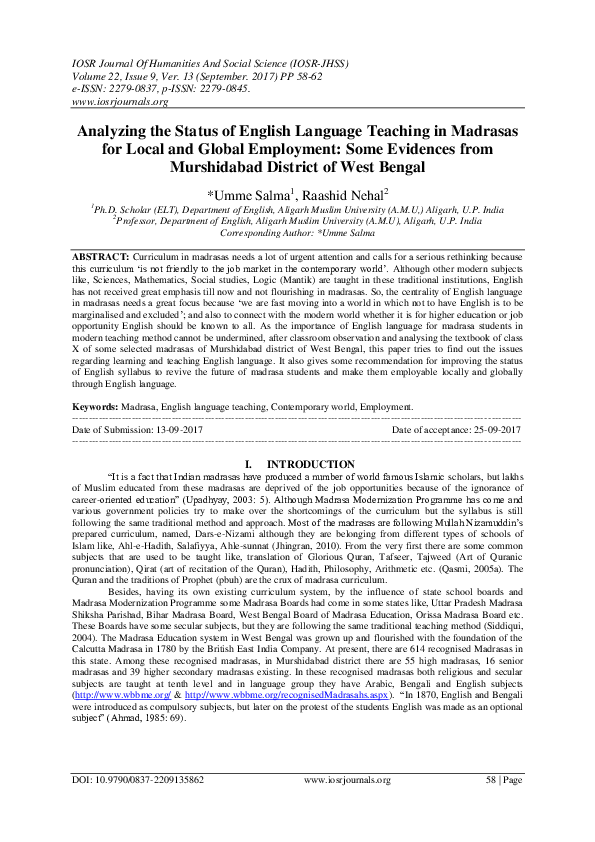 (PDF) Analyzing the Status of English Language Teaching in Madrasas for