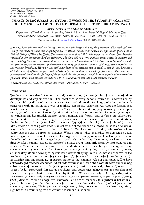 (PDF) IMPACT OF LECTURERS' ATTITUDE TO WORK ON THE STUDENTS' ACADEMIC ...