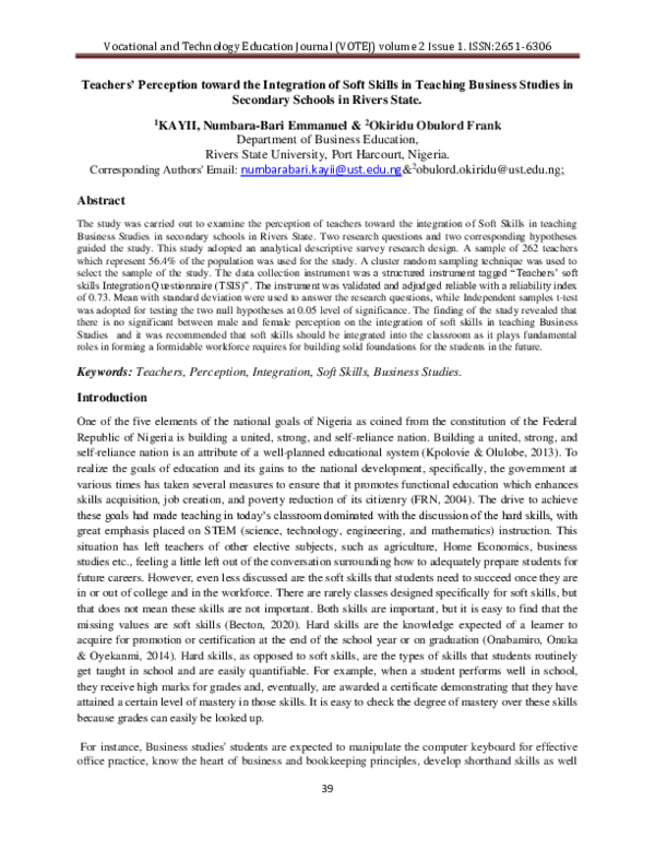(PDF) Teachers' Perception toward the Integration of Soft Skills in ...