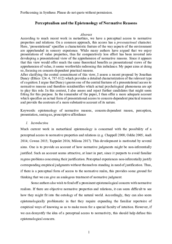 (PDF) Perceptualism and the Epistemology of Normative Reasons
