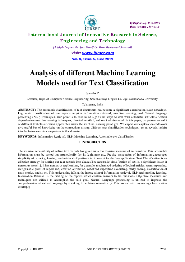 (PDF) Analysis of different Machine Learning Models used for Text ...
