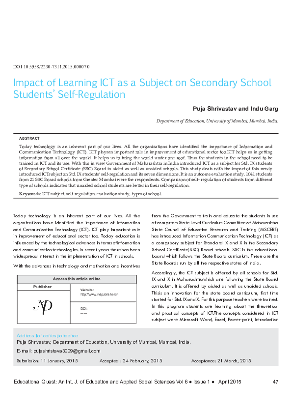 (PDF) Impact of Learning ICT as a Subject on Secondary School Students ...
