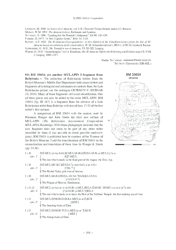(PDF) BM 35654; yet another MUL APIN I fragment from Babylonia