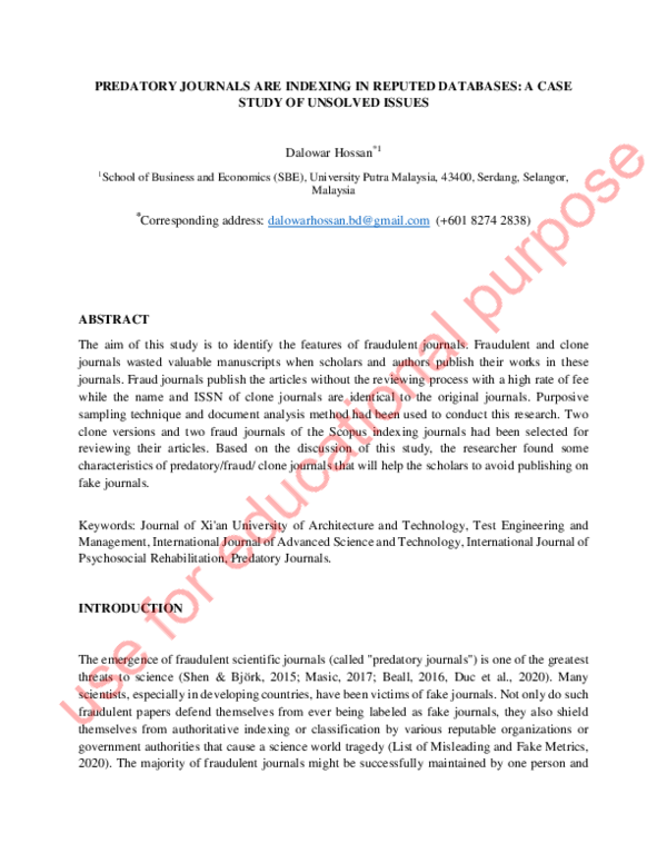 (PDF) PREDATORY JOURNALS ARE INDEXING IN REPUTED DATABASES: A CASE ...