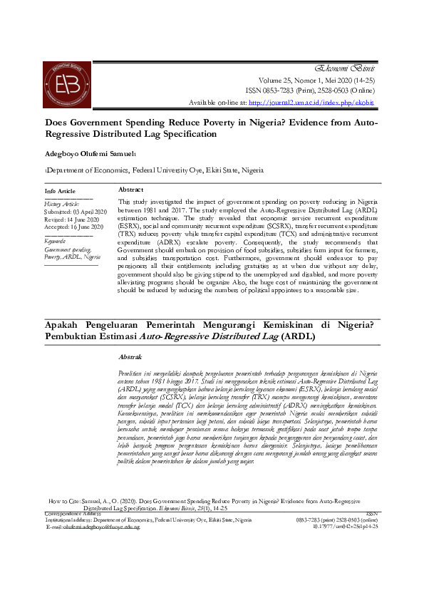 Pdf Does Government Spending Reduce Poverty In Nigeria Evidence From Auto Regressive Distributed Lag Specification Olufemi Adegboyo Academia Edu