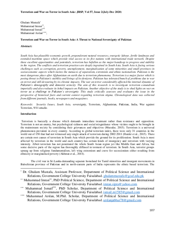 (PDF) Terrorism and War on Terror in South Asia: A Threat to National ...
