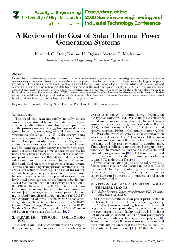 (PDF) A Review of the Cost of Solar Thermal Power Generation Systems