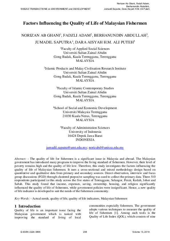 (PDF) Factors Influencing the Quality of Life of Malaysian Fishermen