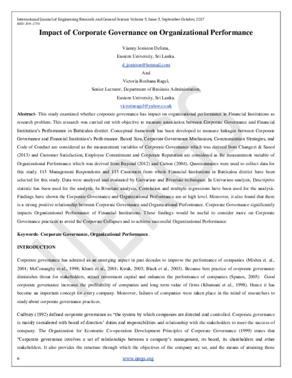 (PDF) Impact of Corporate Governance on Organizational Performance