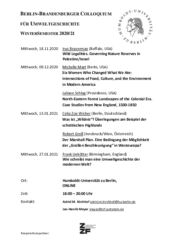 First page of “Berlin Brandenburg Colloquium on Environmental History Winter 2020-2021”