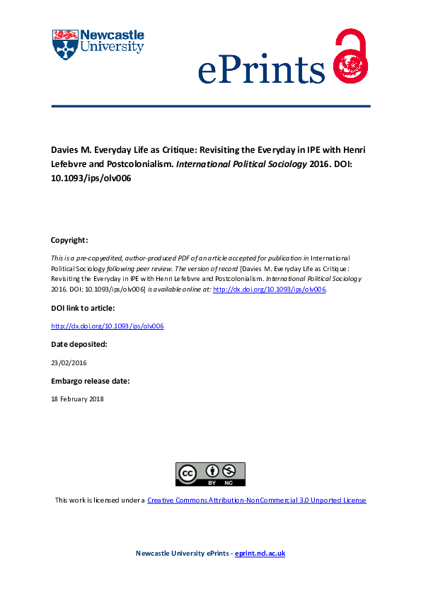 (PDF) Everyday Life as Critique Revisiting the Everyday in IPE with