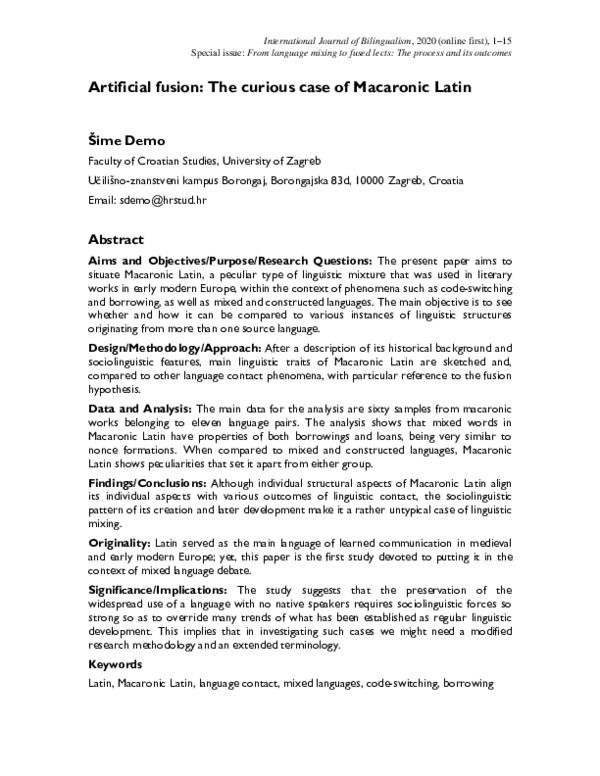 (PDF) Artificial fusion: The curious case of Macaronic Latin