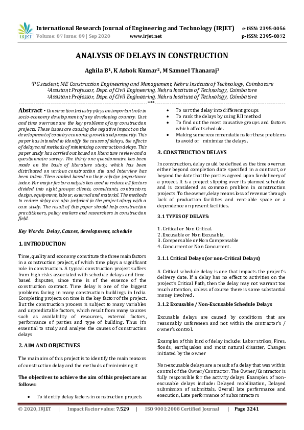 (PDF) IRJET- ANALYSIS OF DELAYS IN CONSTRUCTION