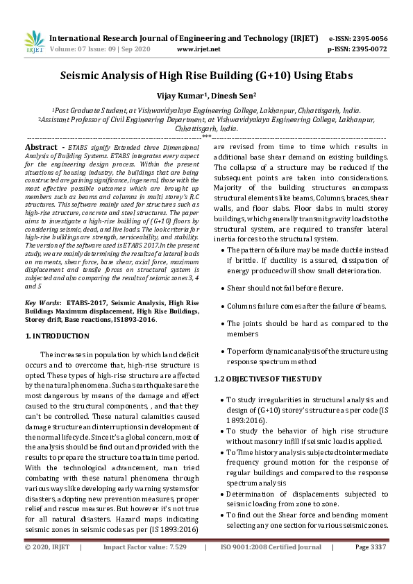 (PDF) IRJET- Seismic Analysis of High Rise Building (G+10) Using Etabs