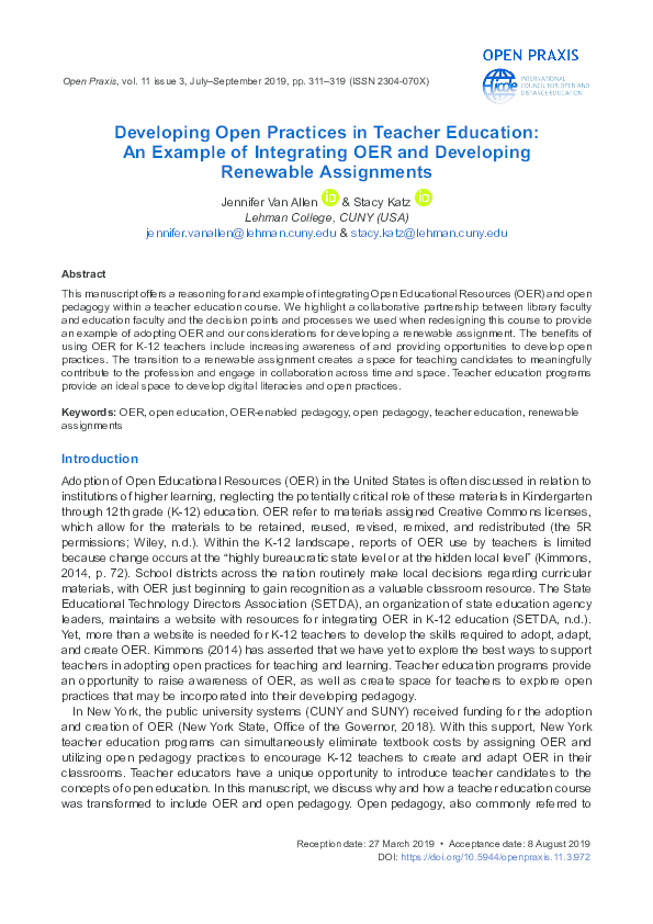 (PDF) Developing Open Practices in Teacher Education: An Example of ...