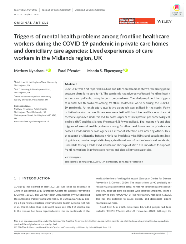 (PDF) Triggers of mental health problems among frontline healthcare ...