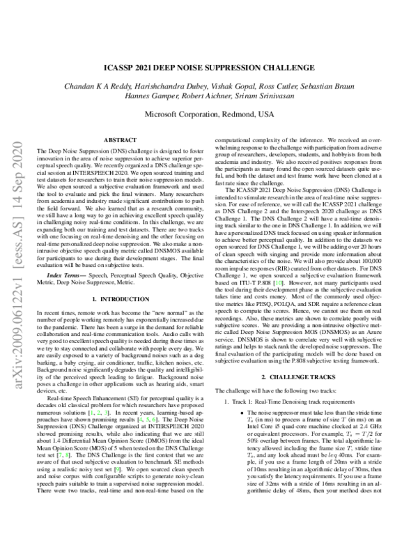 (PDF) ICASSP 2021 DEEP NOISE SUPPRESSION CHALLENGE