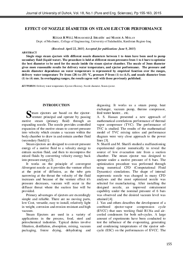(PDF) EFFECT OF NOZZLE DİAMETER ON STEAM EJECTOR PERFORMANCE