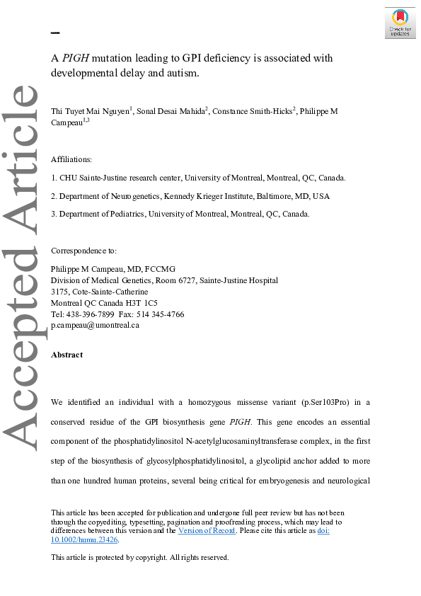 (PDF) A PIGH mutation leading to GPI deficiency is associated with ...