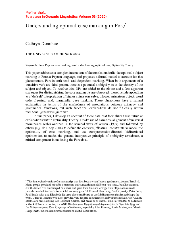 (PDF) Optimal case marking in Fore Cathryn Donohue Academia.edu