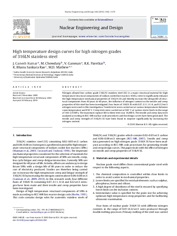 (PDF) High temperature design curves for high nitrogen grades of 316LN ...