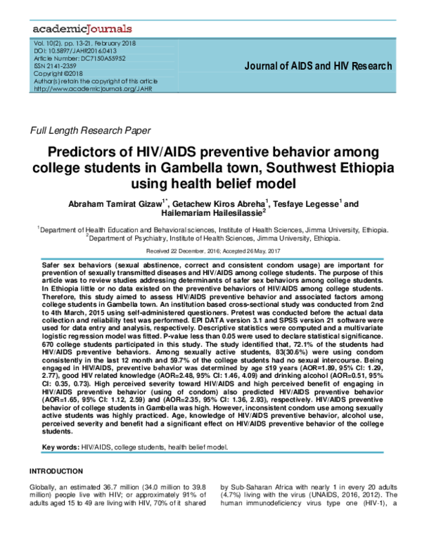 (PDF) Journal of AIDS and HIV Research Predictors of HIV/AIDS ...