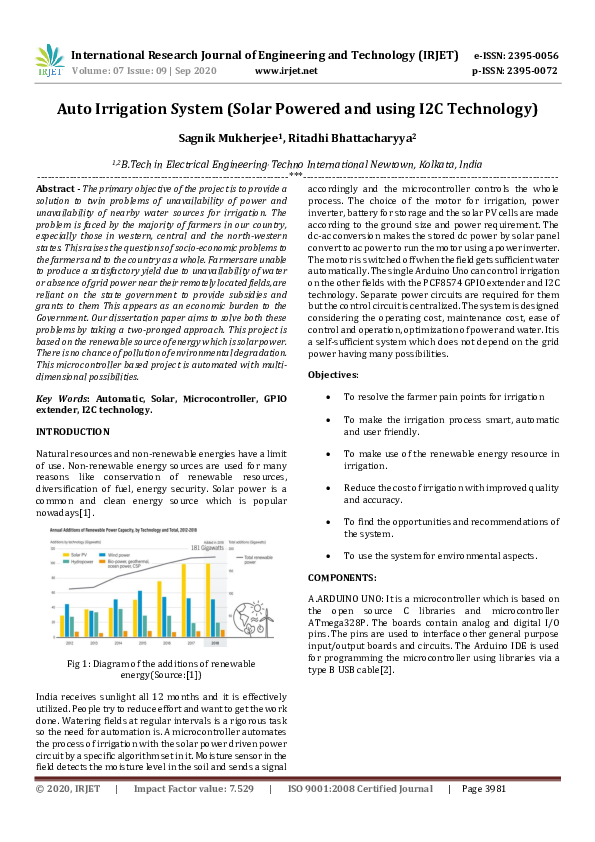 (PDF) IRJET Auto Irrigation System (Solar Powered and using I2C