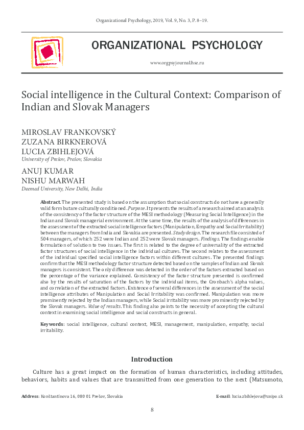(PDF) Social intelligence in the Cultural Context: Comparison of Indian ...