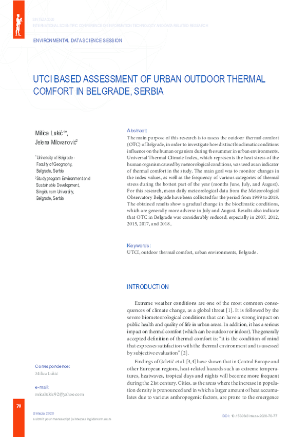 (PDF) UTCI BASED ASSESSMENT OF URBAN OUTDOOR THERMAL COMFORT IN ...