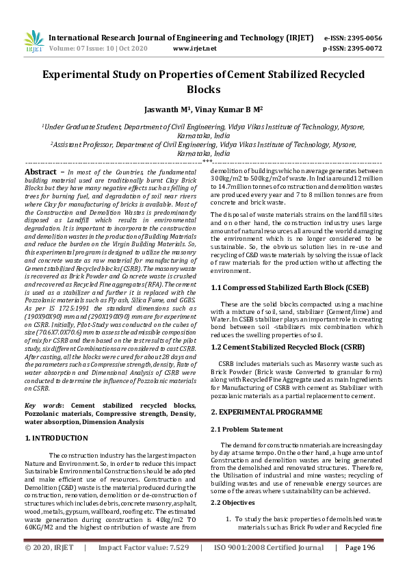 (PDF) IRJET- Experimental Study on Properties of Cement Stabilized ...
