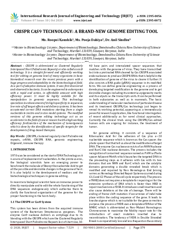 (PDF) IRJET- CRISPR CAS9 TECHNOLOGY: A BRAND-NEW GENOME EDITING TOOL