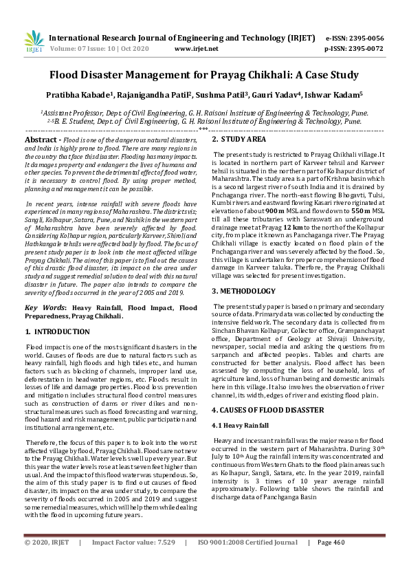 (PDF) IRJET- Flood Disaster Management for Prayag Chikhali: A Case Study