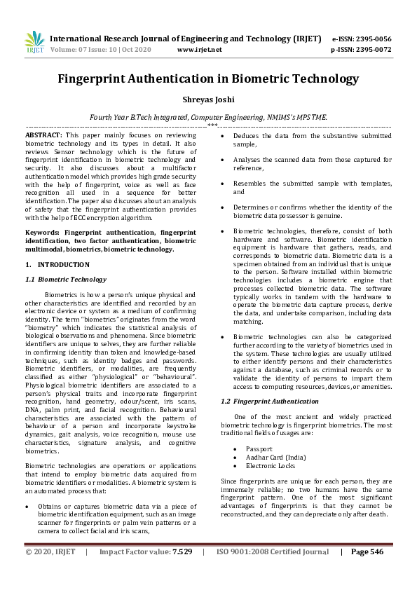 (PDF) IRJET- Fingerprint Authentication in Biometric Technology