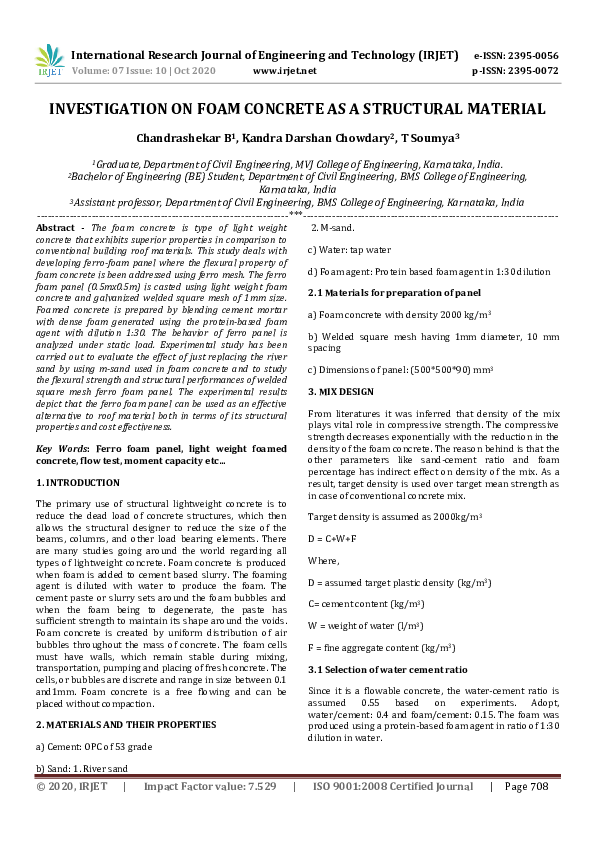 (PDF) IRJET- INVESTIGATION ON FOAM CONCRETE AS A STRUCTURAL MATERIAL