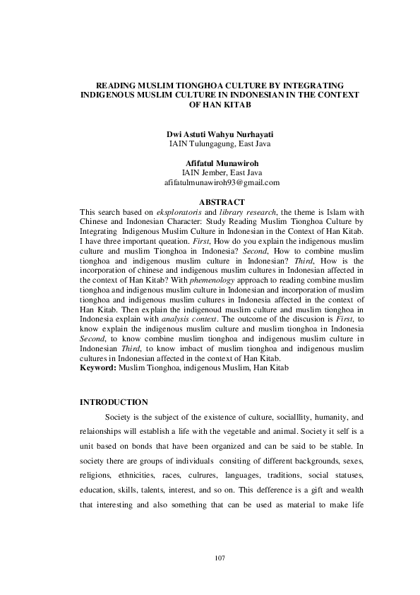 (PDF) READING MUSLIM TIONGHOA CULTURE BY INTEGRATING INDIGENOUS MUSLIM ...