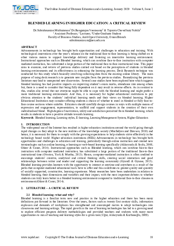 (PDF) BLENDED LEARNING IN HIGHER EDUCATION: A CRITICAL REVIEW
