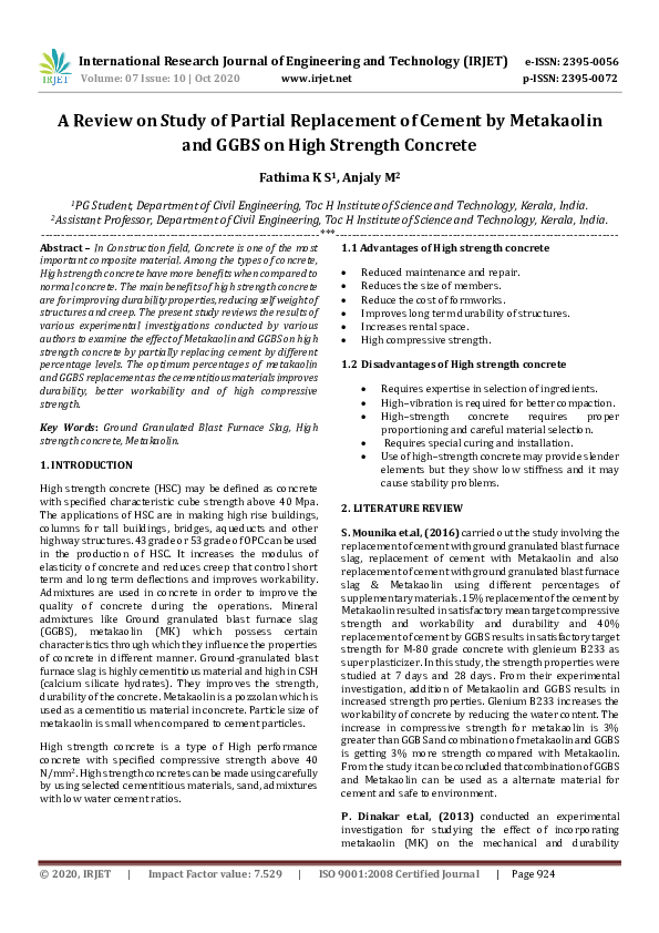 (PDF) IRJET- A Review on Study of Partial Replacement of Cement by ...